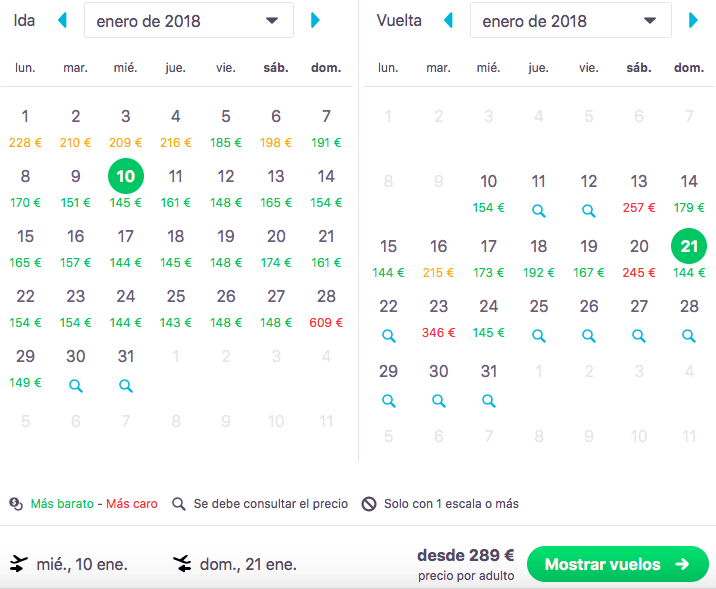 Opciones de precios Skyscanner en calendario